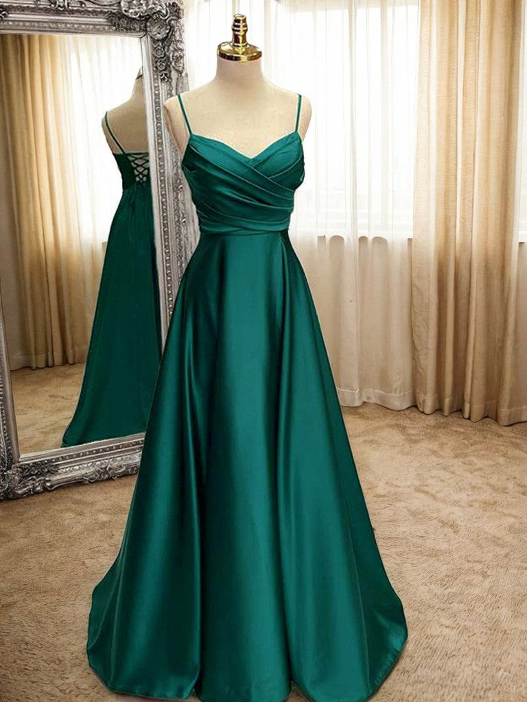 A-Line/Princess Elastic Woven Satin Ruffles V-neck Sleeveless Sweep/Brush Train Dresses BabaMila