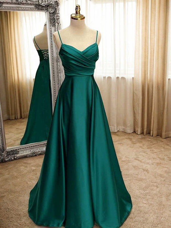 A-Line/Princess Elastic Woven Satin Ruffles V-neck Sleeveless Sweep/Brush Train Dresses BabaMila