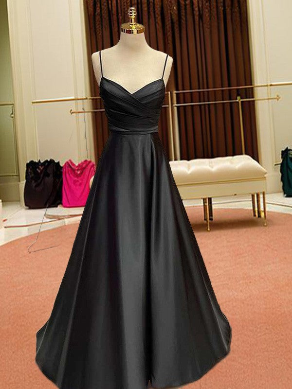 A-Line/Princess Elastic Woven Satin Ruffles V-neck Sleeveless Sweep/Brush Train Dresses BabaMila