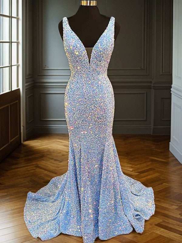 Sheath/Column Velvet Sequins V-neck Sleeveless Sweep/Brush Train Dresses BabaMila