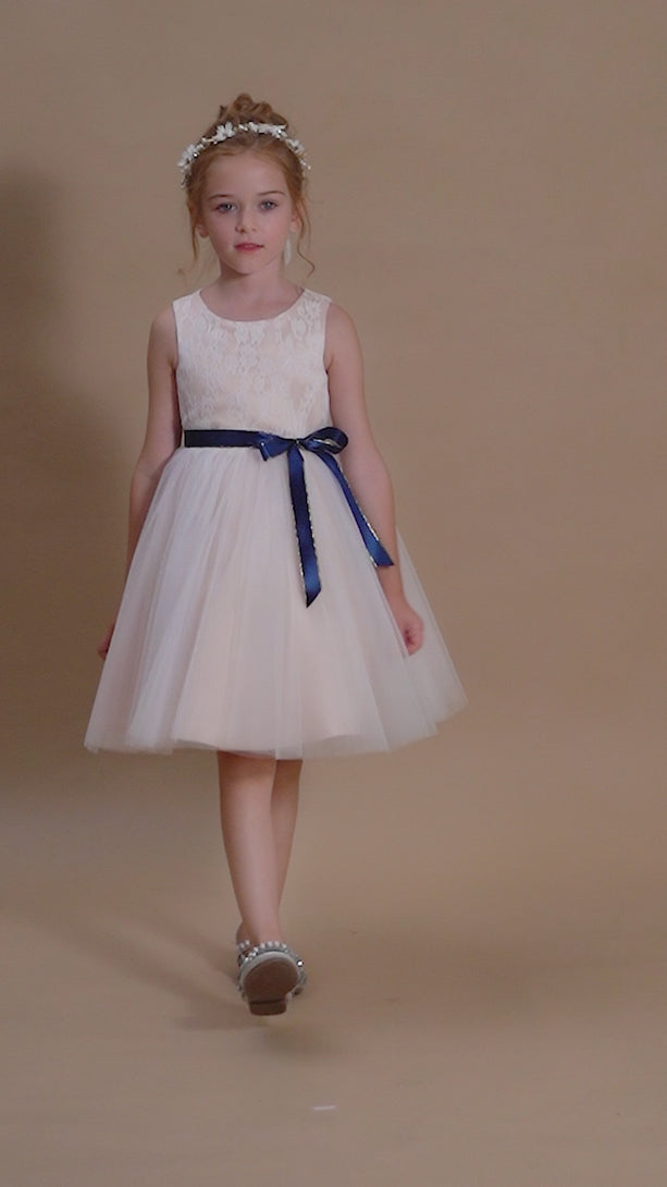 A-line Sleeveless Scoop Neck Knee-Length Lace Satin Tulle Flower Girl Dresses With Removable Navy Blue Ribbon Girls Gidiondress
