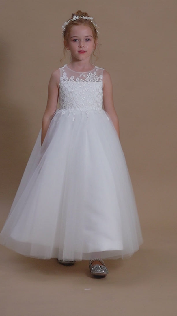 Scoop Neck Sleeveless Lace/Tulle Ivory Cute Floor-Length Flower Girl Dresses/First Communion Dress With Appliques Girls Gidiondress