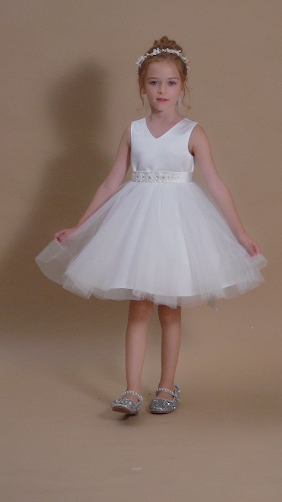 A-line V-Neck Knee-Length Satin/Tulle Ivory Flower Girl Dress With Bead Belt Girls Gidiondress