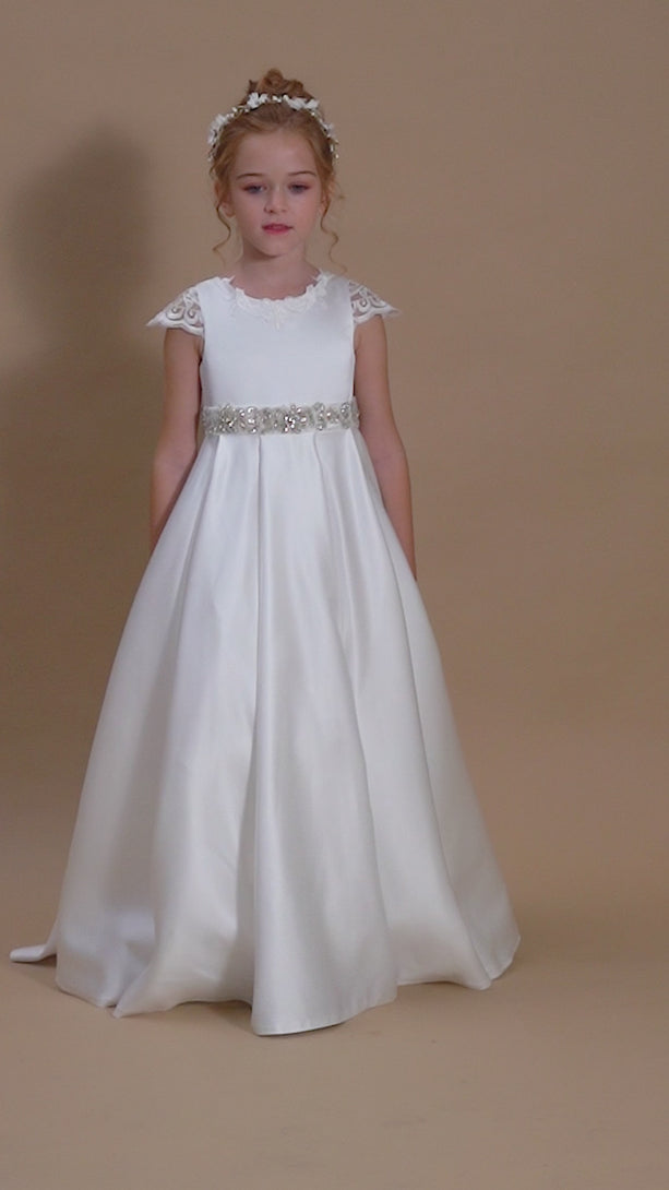 Ball Gown/Princess Cap Sleeve Scoop Neck Floor-Length Ivory Court Train Lace/Satin Flower Girl Dresses With Beads Belt and Removable Bow Girls Gidiondress