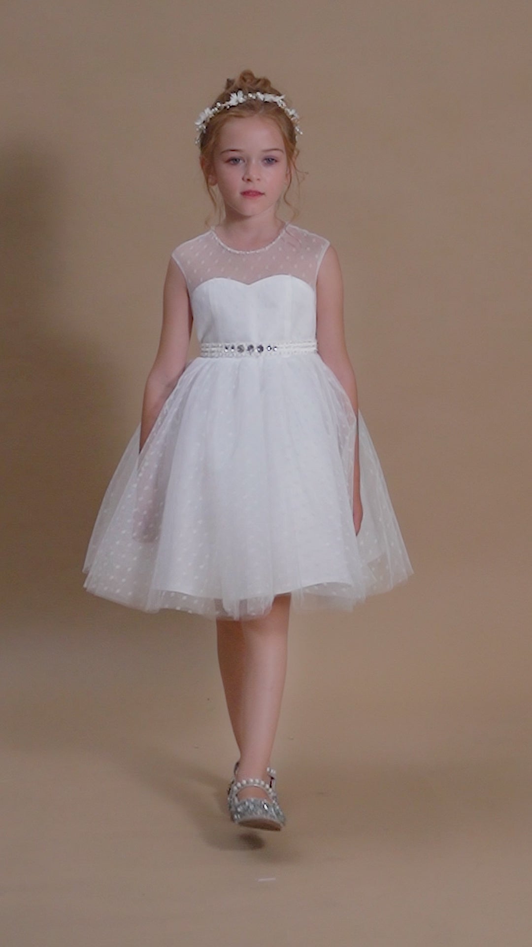 A-line Sleeveless Scoop Neck Knee-Length Ivory Polka Dots Lace Tulle Flower Girl Dresses With Removable Beads Belt Girls Gidiondress