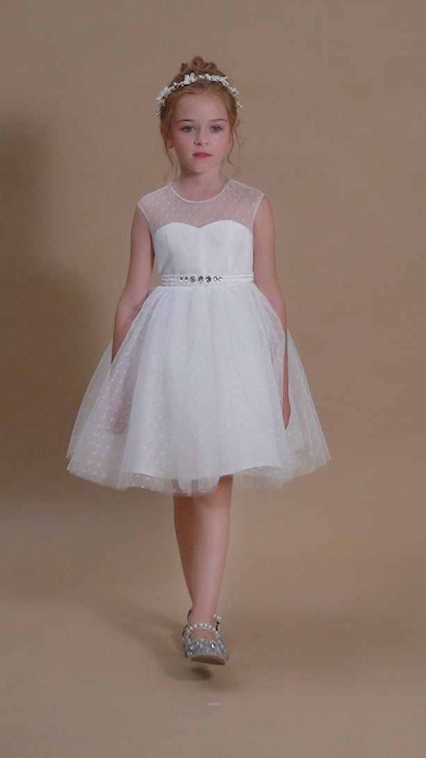 A-line Sleeveless Scoop Neck Knee-Length Ivory Polka Dots Lace Tulle Flower Girl Dresses With Removable Beads Belt Girls Gidiondress