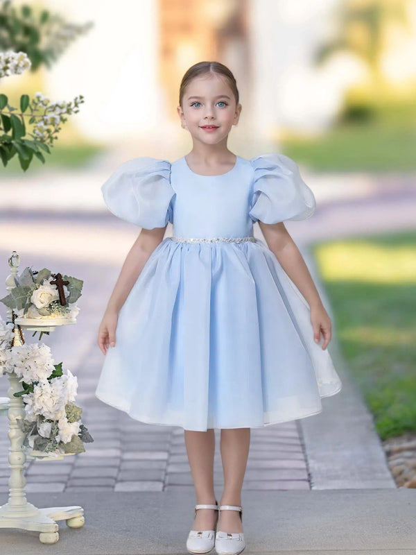 A-line Scoop Knee-Length TuTu Dress Sky Blue Organza Flower Girl Dress With Belt Beading Girls Gidiondress