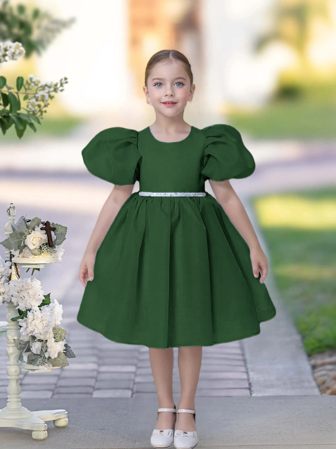 A-line Scoop Knee-Length TuTu Dress Sky Blue Organza Flower Girl Dress With Belt Beading Girls Gidiondress