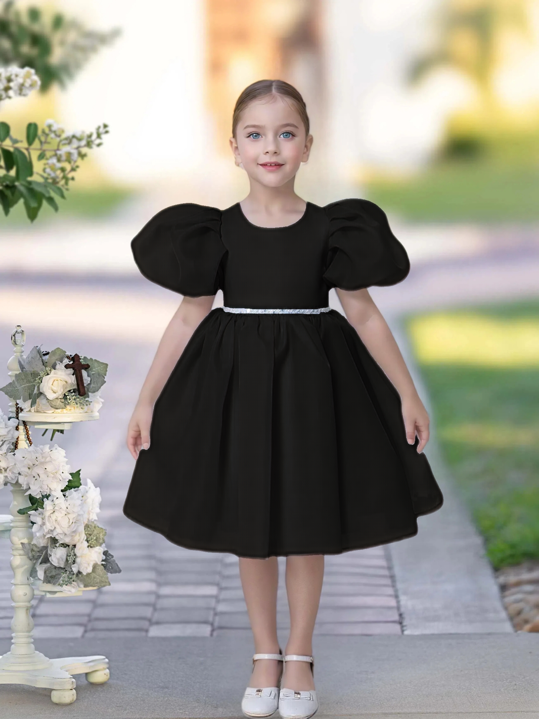 A-line Scoop Knee-Length TuTu Dress Sky Blue Organza Flower Girl Dress With Belt Beading Girls Gidiondress