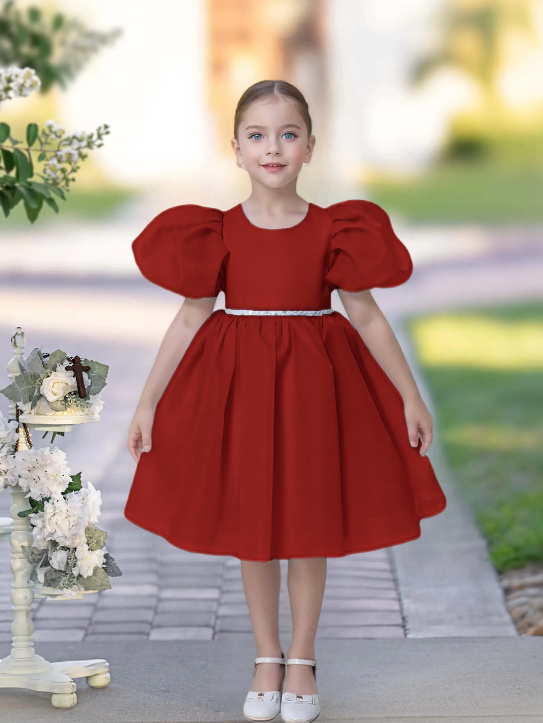 A-line Scoop Knee-Length TuTu Dress Sky Blue Organza Flower Girl Dress With Belt Beading Girls Gidiondress Burgundy 12M