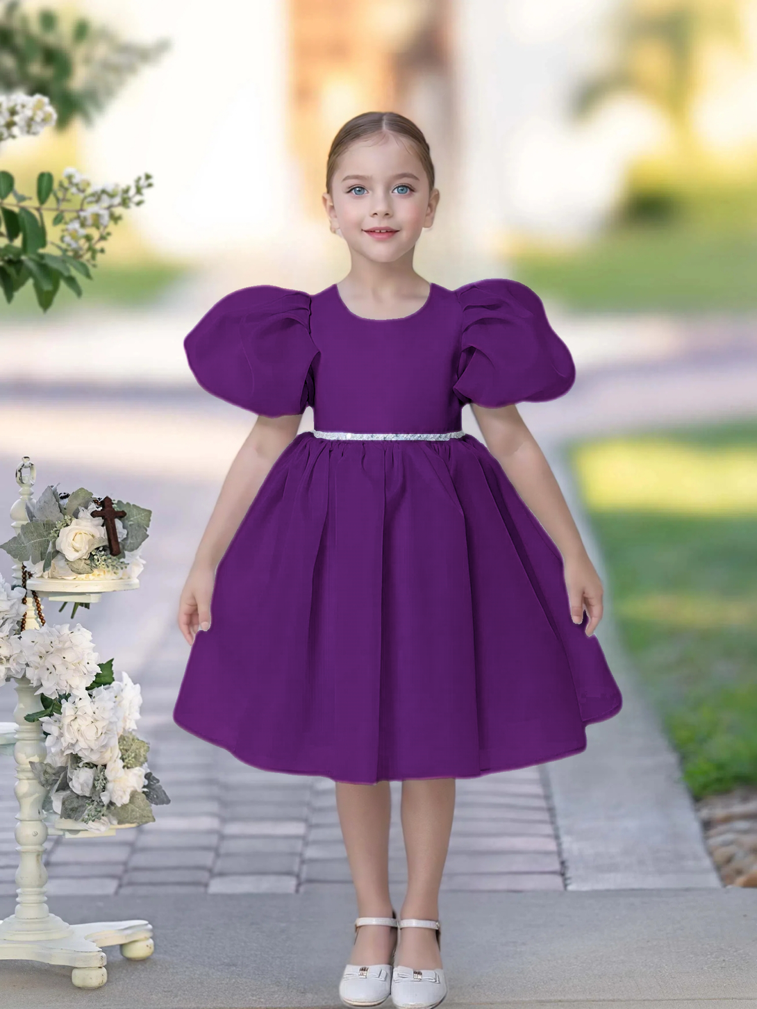 A-line Scoop Knee-Length TuTu Dress Sky Blue Organza Flower Girl Dress With Belt Beading Girls Gidiondress