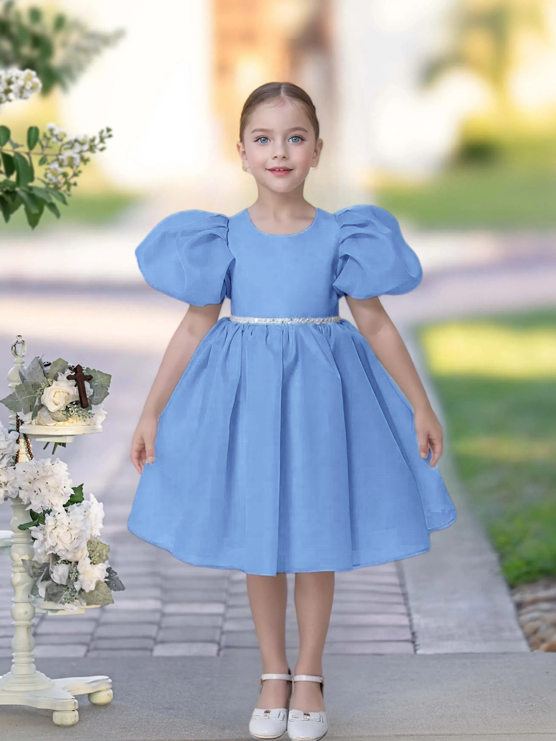 A-line Scoop Knee-Length TuTu Dress Sky Blue Organza Flower Girl Dress With Belt Beading Girls Gidiondress