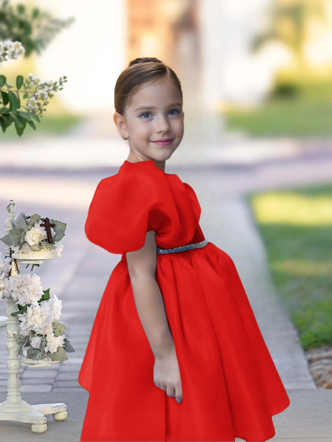 A-line Scoop Knee-Length TuTu Dress Sky Blue Organza Flower Girl Dress With Belt Beading Girls Gidiondress