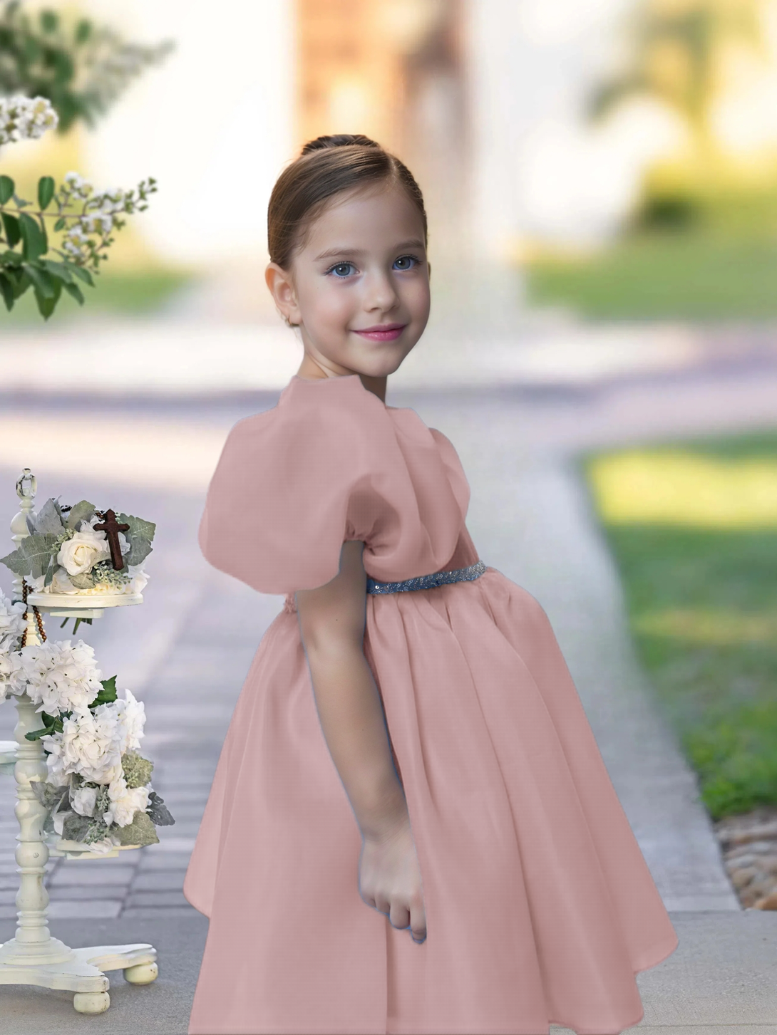 A-line Scoop Knee-Length TuTu Dress Sky Blue Organza Flower Girl Dress With Belt Beading Girls Gidiondress
