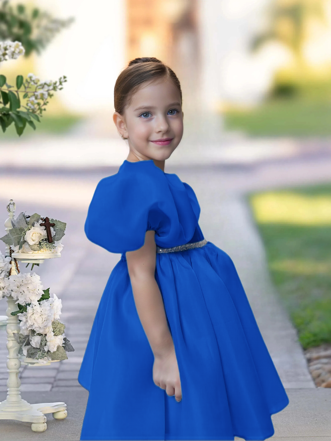 A-line Scoop Knee-Length TuTu Dress Sky Blue Organza Flower Girl Dress With Belt Beading Girls Gidiondress