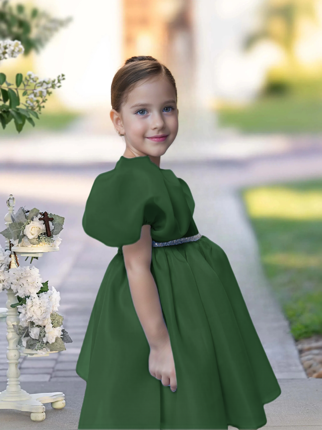 A-line Scoop Knee-Length TuTu Dress Sky Blue Organza Flower Girl Dress With Belt Beading Girls Gidiondress