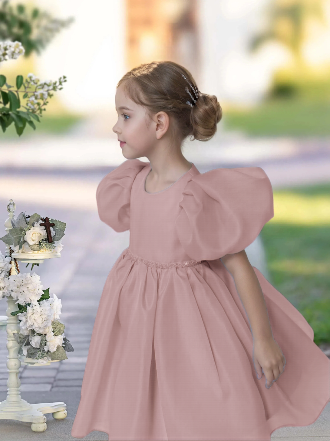 A-line Scoop Knee-Length TuTu Dress Sky Blue Organza Flower Girl Dress With Belt Beading Girls Gidiondress Dusty Rose 12M