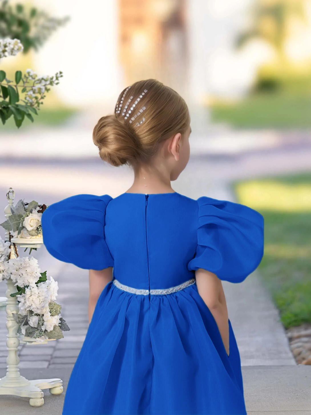 A-line Scoop Knee-Length TuTu Dress Sky Blue Organza Flower Girl Dress With Belt Beading Girls Gidiondress