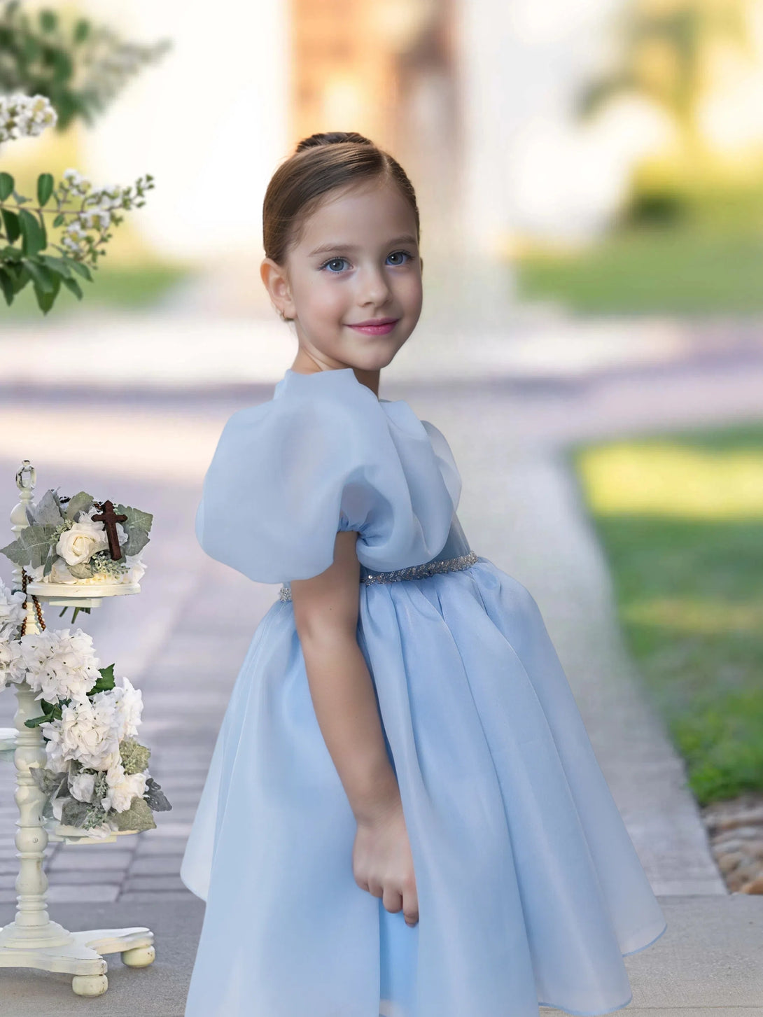 A-line Scoop Knee-Length TuTu Dress Sky Blue Organza Flower Girl Dress With Belt Beading Girls Gidiondress