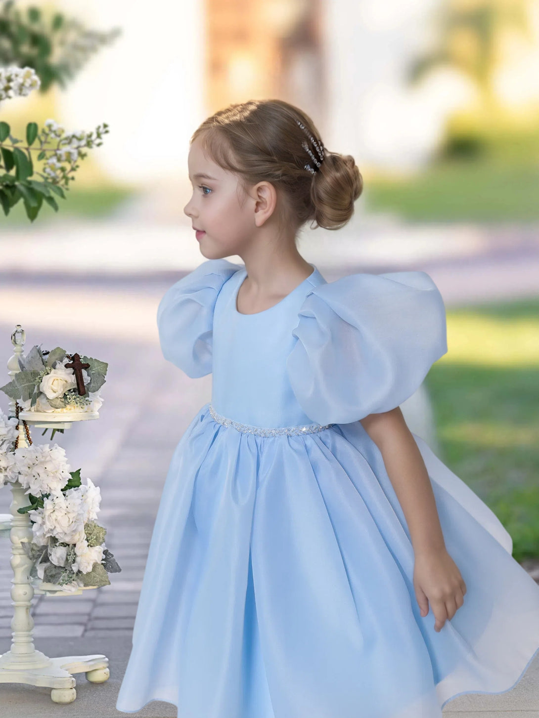 A-line Scoop Knee-Length TuTu Dress Sky Blue Organza Flower Girl Dress With Belt Beading Girls Gidiondress
