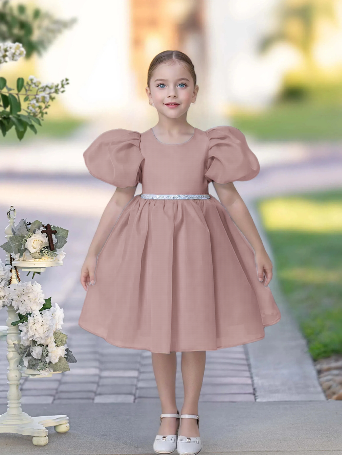 A-line Scoop Knee-Length TuTu Dress Sky Blue Organza Flower Girl Dress With Belt Beading Girls Gidiondress