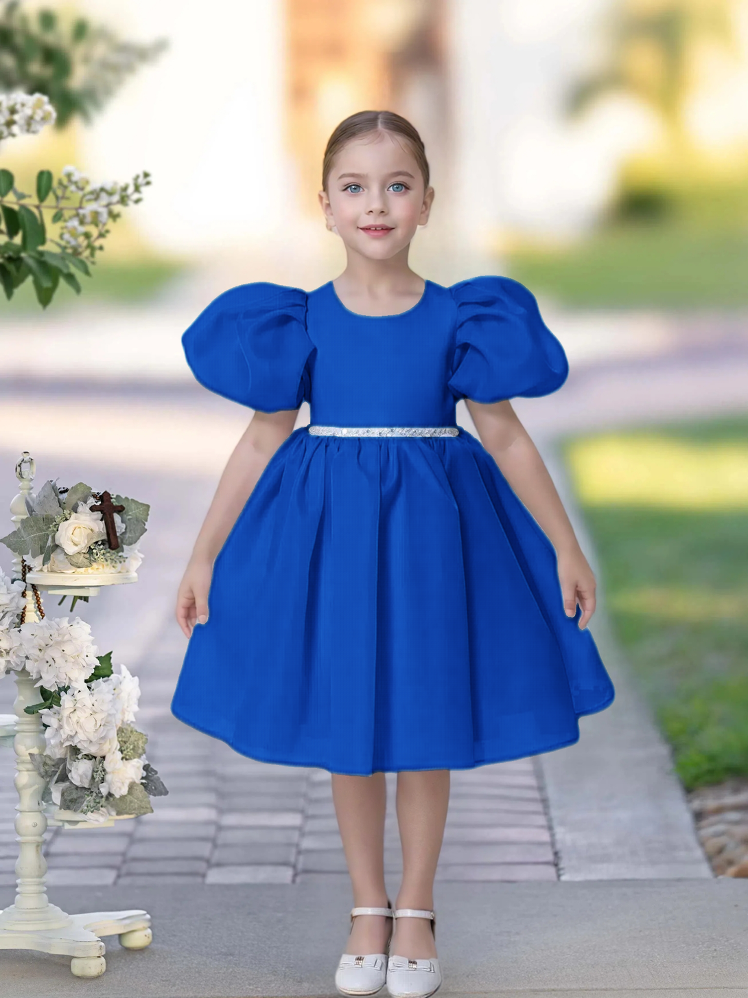 A-line Scoop Knee-Length TuTu Dress Sky Blue Organza Flower Girl Dress With Belt Beading Girls Gidiondress