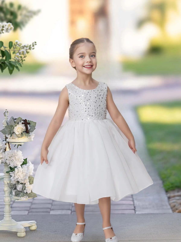 Knee Length Ivory Sequins Lace Girl Princess Dress Short Flower Girl Dress for Wedding Girls Gidiondress