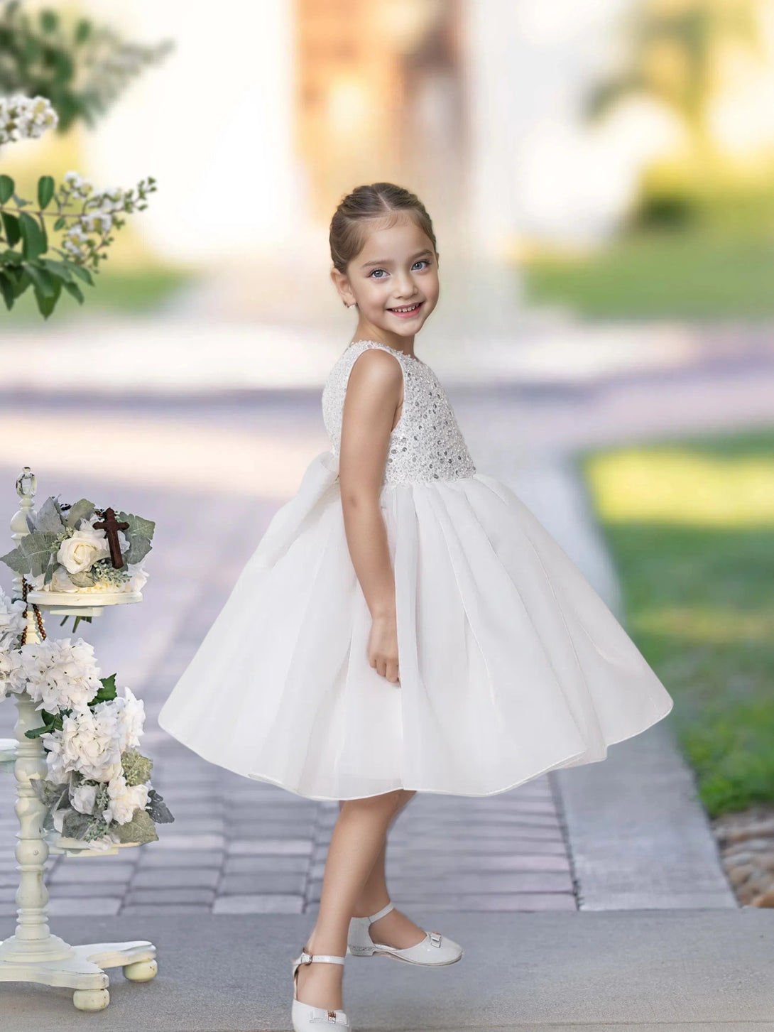 Knee Length Ivory Sequins Lace Girl Princess Dress Short Flower Girl Dress for Wedding Girls Gidiondress