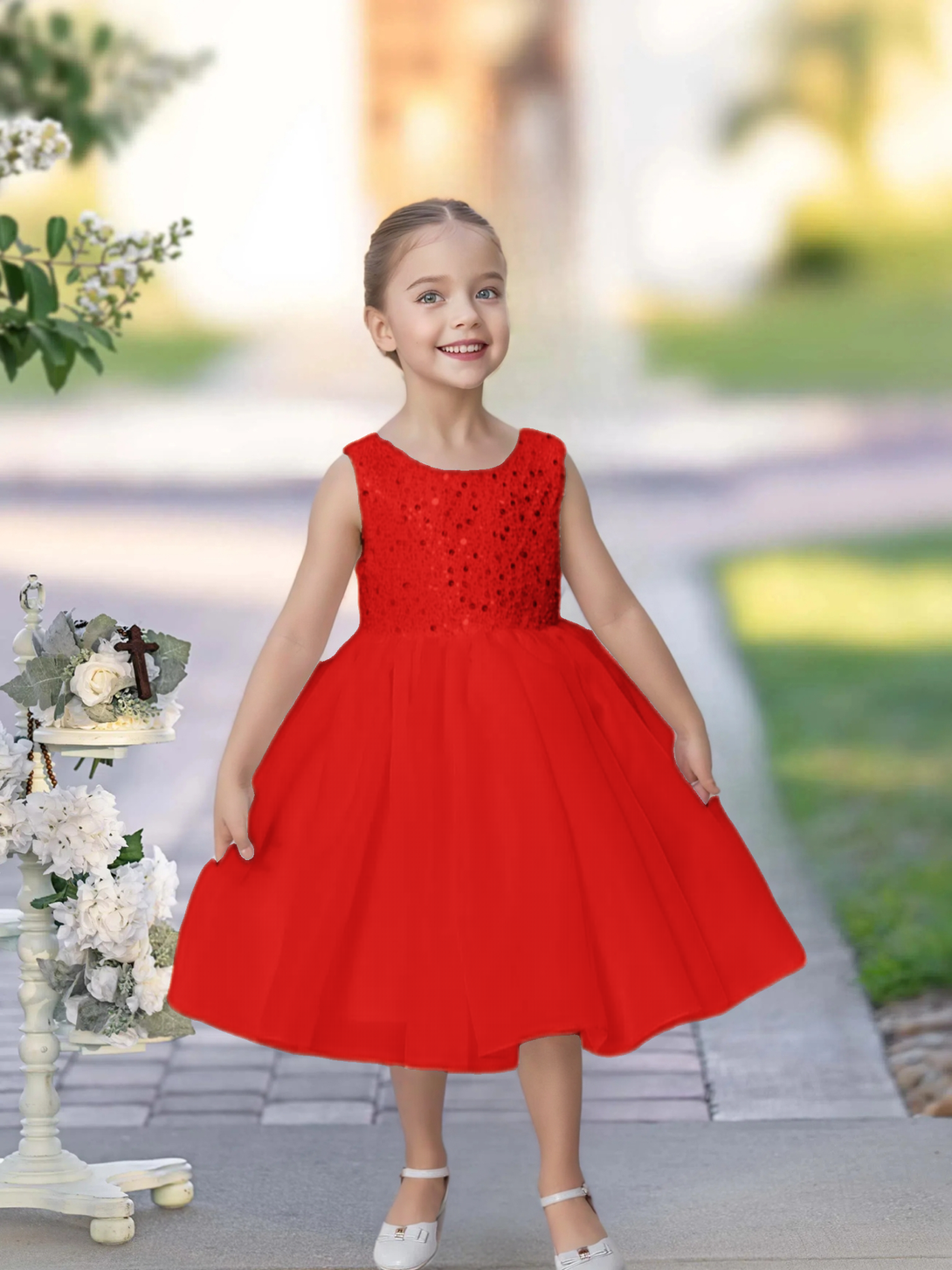 Knee Length Ivory Sequins Lace Girl Princess Dress Short Flower Girl Dress for Wedding Girls Gidiondress Red 12M